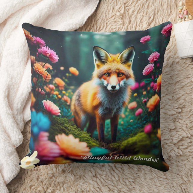 "Floral Fantasy with Fox" Throw Pillow (Blanket)