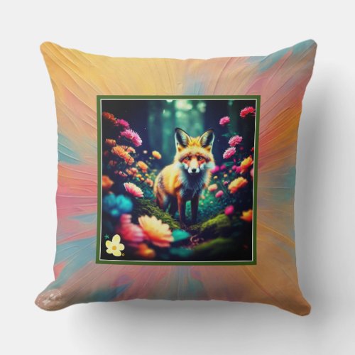 Floral Fantasy with Fox Throw Pillow