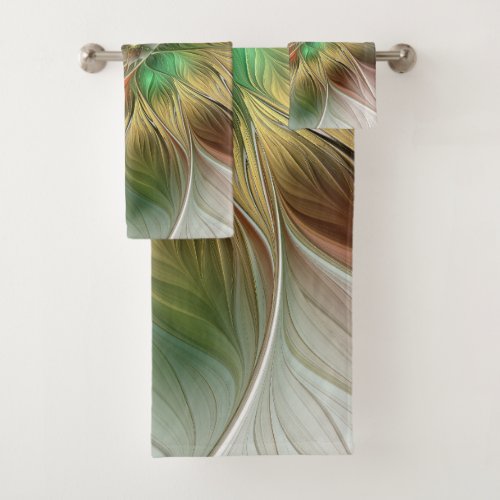 Floral Fantasy With Gold Modern Abstract Fractal Bath Towel Set