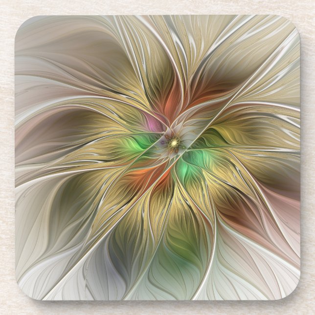 Floral Fantasy With Gold Modern Abstract Fractal Beverage Coaster (Front)
