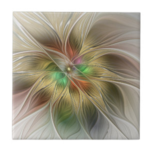 Floral Fantasy With Gold Modern Abstract Fractal Ceramic Tile
