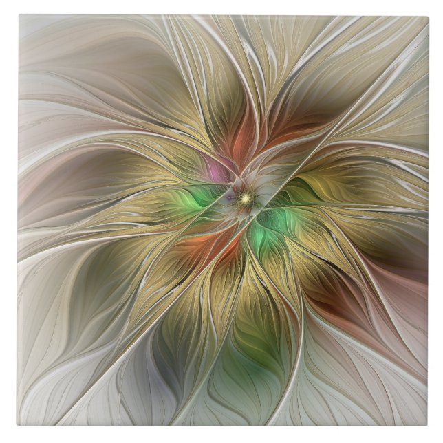 Floral Fantasy With Gold Modern Abstract Fractal Ceramic Tile (Front)