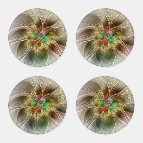 Floral Fantasy With Gold Modern Abstract Fractal Coaster Set