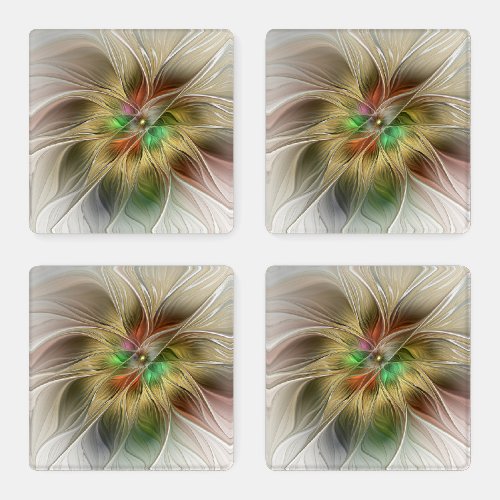 Floral Fantasy With Gold Modern Abstract Fractal Coaster Set