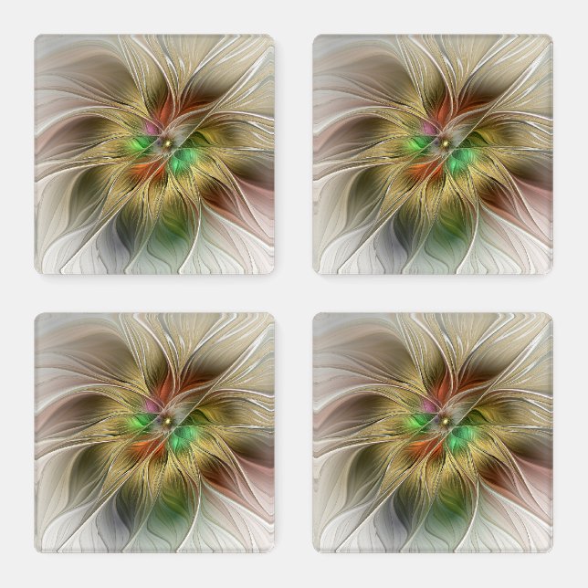 Floral Fantasy With Gold Modern Abstract Fractal Coaster Set (Set)