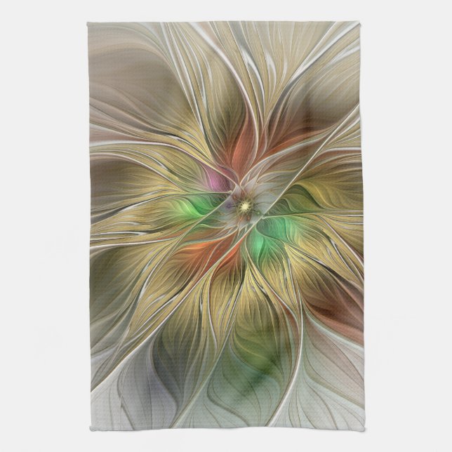 Floral Fantasy With Gold Modern Abstract Fractal Kitchen Towel (Vertical)