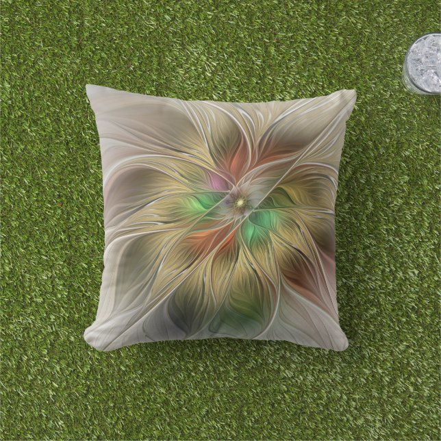 Floral Fantasy With Gold Modern Abstract Fractal Outdoor Pillow (Grass)