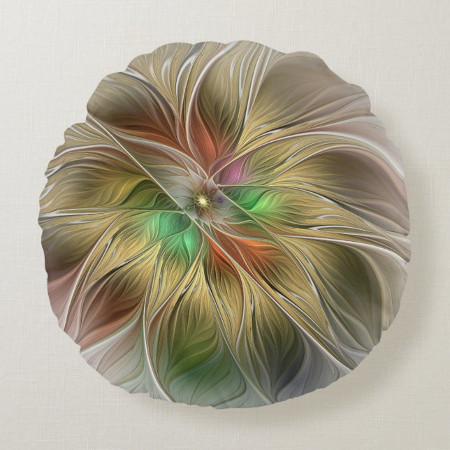 Floral Fantasy With Gold Modern Abstract Fractal Round Pillow (Front)