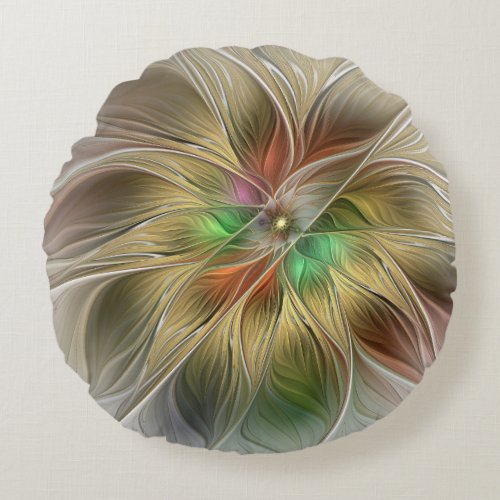 Floral Fantasy With Gold Modern Abstract Fractal Round Pillow
