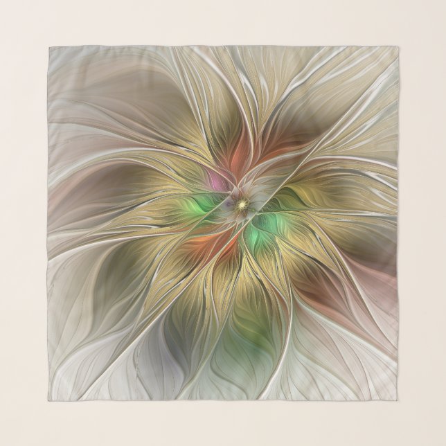 Floral Fantasy With Gold Modern Abstract Fractal Scarf (Front)