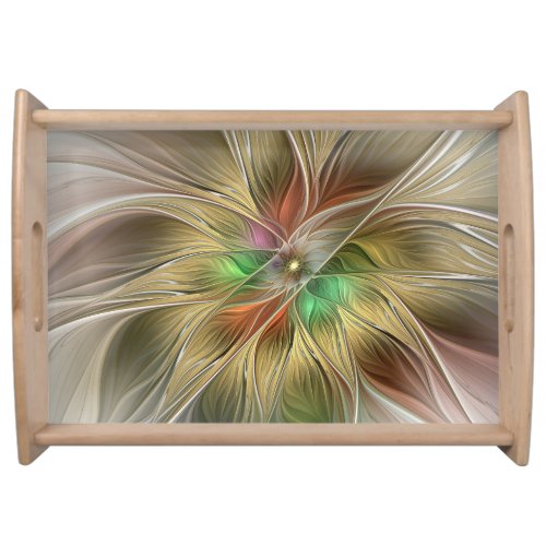 Floral Fantasy With Gold Modern Abstract Fractal Serving Tray