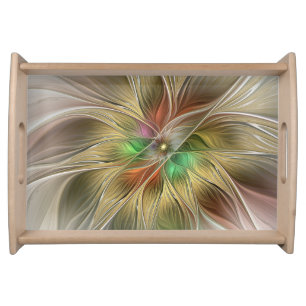 Floral Fantasy With Gold Modern Abstract Fractal Serving Tray