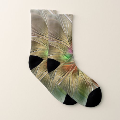 Floral Fantasy With Gold Modern Abstract Fractal Socks