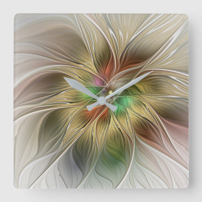 Floral Fantasy With Gold Modern Abstract Fractal Square Wall Clock (Front)