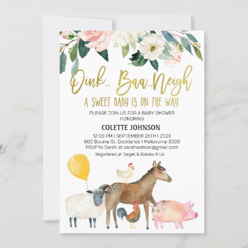 Floral Farm Animals Baby Shower Invitation