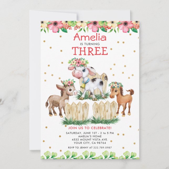 Floral Farm Animals Third Birthday Party Invitation (Front)