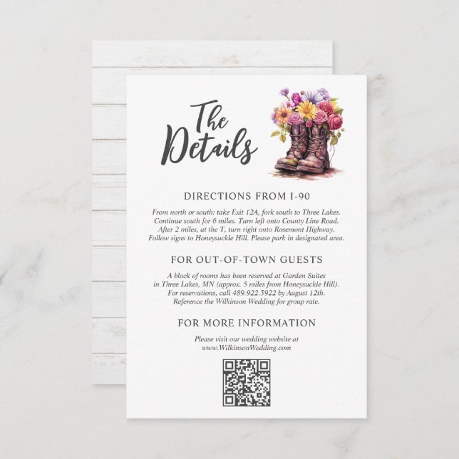 Floral Farm Boots Rustic Country Wedding Details Enclosure Card (Front/Back)