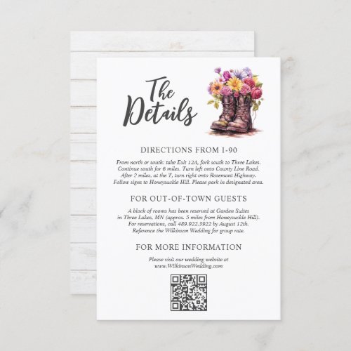 Floral Farm Boots Rustic Country Wedding Details Enclosure Card