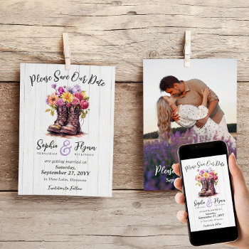 Floral Farm Boots Rustic Country Wedding Photo Save The Date by CyanSkyCelebrations at Zazzle
