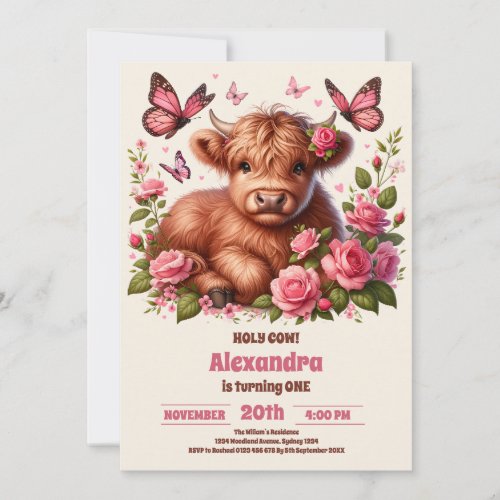 Floral Farm Holy Cow Highland 1st Birthday Invitation