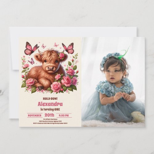 Floral  Farm Holy Cow Highland 1st Birthday Photo Invitation