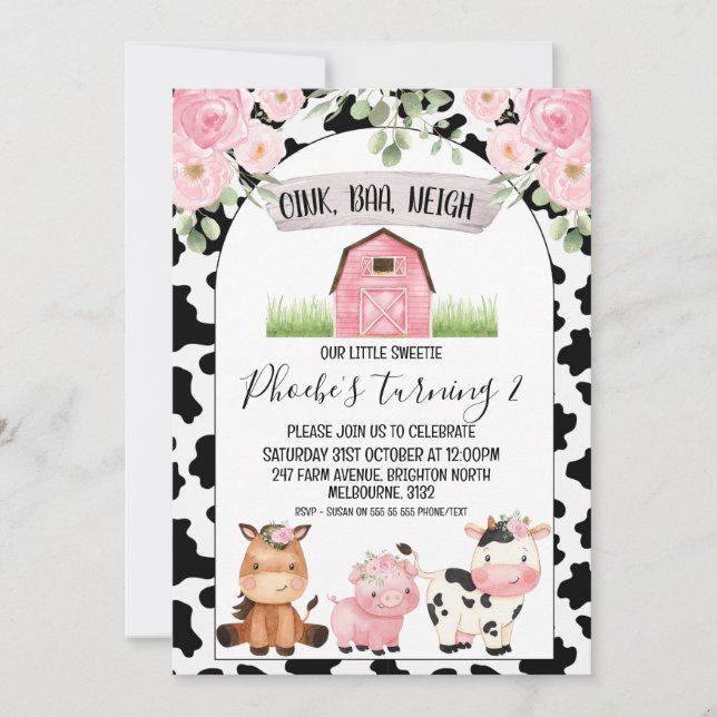 Floral Farm with Cow Print and Arch Birthday Invitation (Front)