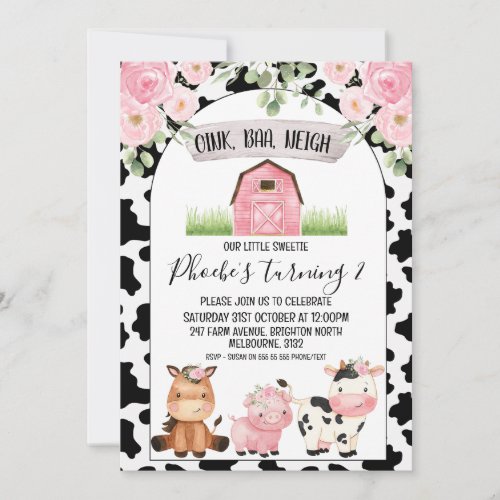 Floral Farm with Cow Print and Arch Birthday Invitation