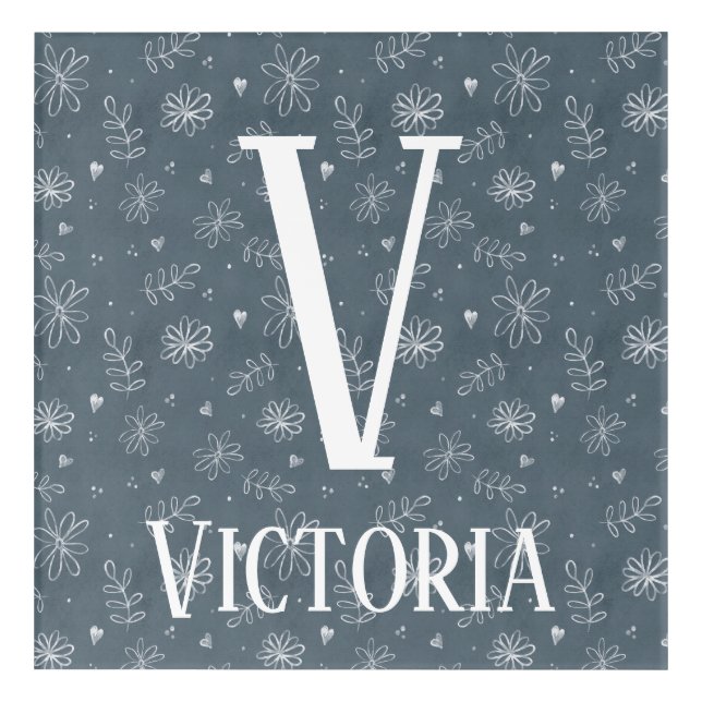 Floral Farmhouse Monogram Nursery Blue Acrylic Print (Front)