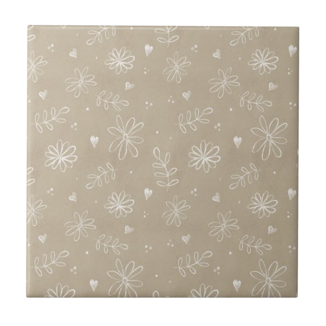 Floral Farmhouse Simple Tan Beige Ceramic Tile (Front)