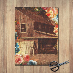 Floral Farmhouse Vintage Red Barn Decoupage Tissue Paper