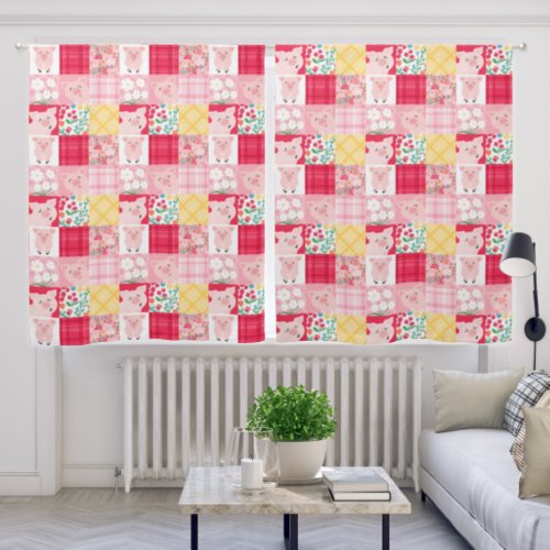 Floral Farmyard Pigs Patchwork Quilt Kids Nursery Blackout Curtains