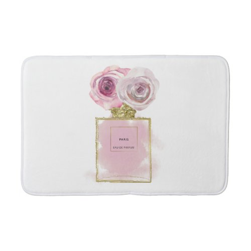 Floral Fashion Perfume Bottle Pink Roses Gold Glam Bath Mat