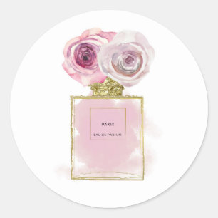 Floral Fashion Perfume Bottle Pink Roses Gold Glam Classic Round Sticker