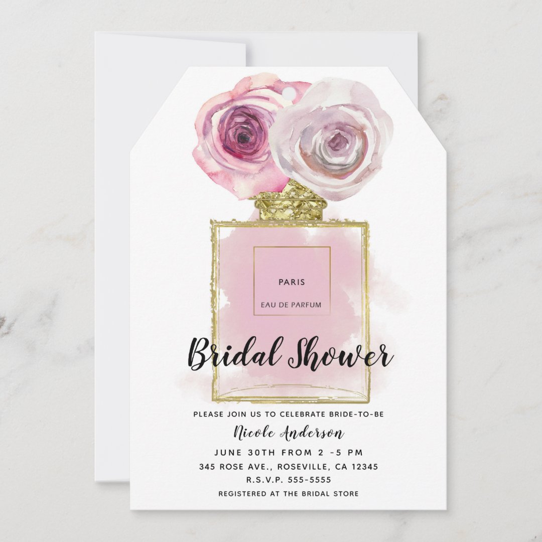 Floral Fashion Perfume Bottle Pink Roses Gold Glam Invitation | Zazzle