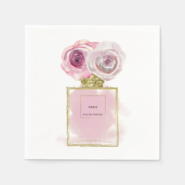 Floral Fashion Perfume Bottle Pink Roses Gold Glam Napkins (Front)