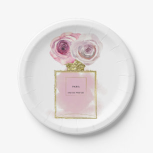 Floral Fashion Perfume Bottle Pink Roses Gold Glam Paper Plates