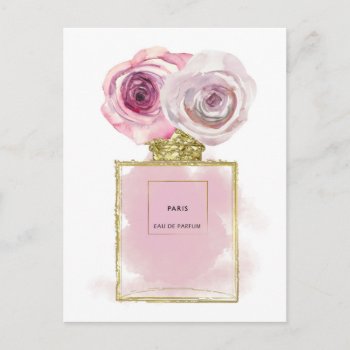 Floral Fashion Perfume Bottle Pink Roses Gold Glam Postcard by printabledigidesigns at Zazzle