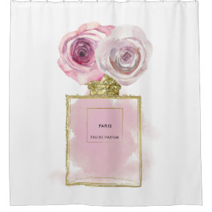 Floral Fashion Perfume Bottle Pink Roses Gold Glam Shower Curtain