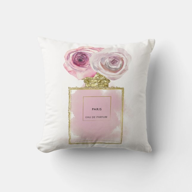 Floral Fashion Perfume Bottle Pink Roses Gold Glam Throw Pillow (Front)