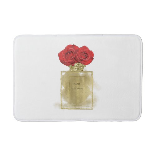 Floral Fashion Perfume Bottle Red Roses Gold Glam Bath Mat