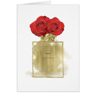 Floral Fashion Perfume Bottle Red Roses Gold Glam Cards