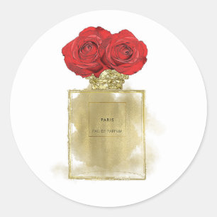 Floral Fashion Perfume Bottle Red Roses Gold Glam Classic Round Sticker