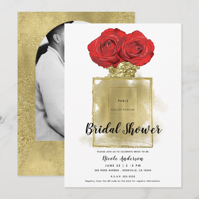 Floral Fashion Perfume Bottle Red Roses Gold Glam Invitation (Front/Back)