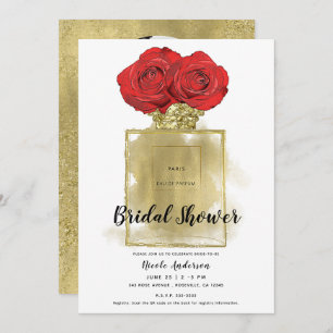 Floral Fashion Perfume Bottle Red Roses Gold Glam Invitation