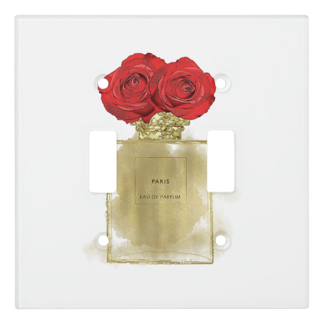 Floral Fashion Perfume Bottle Red Roses Gold Glam Light Switch Cover (Front)