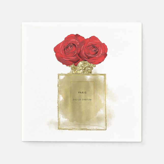 Floral Fashion Perfume Bottle Red Roses Gold Glam Napkins (Front)
