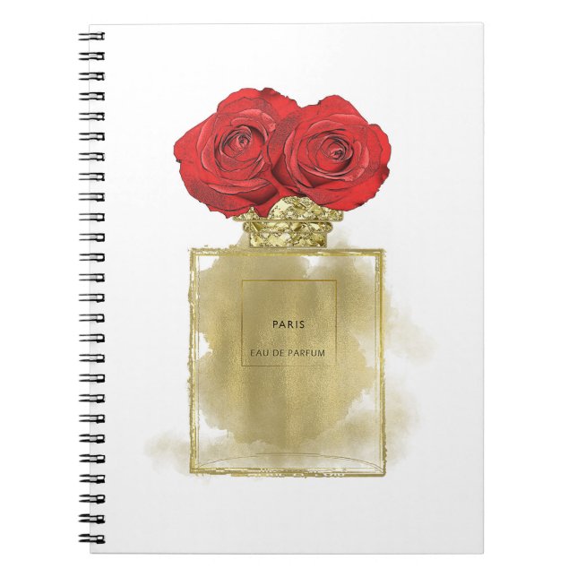 Floral Fashion Perfume Bottle Red Roses Gold Glam Notebook (Front)