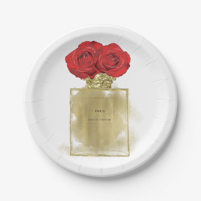Floral Fashion Perfume Bottle Red Roses Gold Glam Paper Plates (Front)