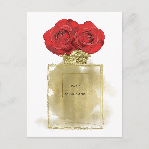 Floral Fashion Perfume Bottle Red Roses Gold Glam Postcard