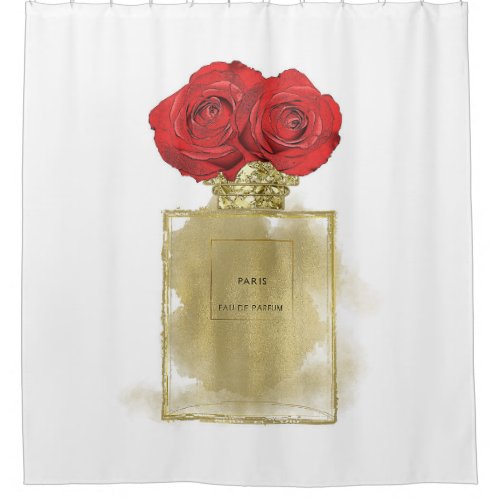 Floral Fashion Perfume Bottle Red Roses Gold Glam Shower Curtain